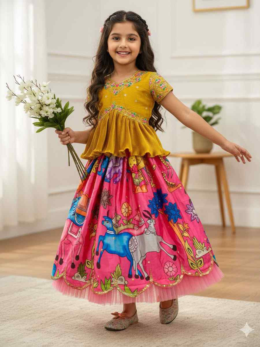 Multi Heavy Chinon Silk Embroidered Printed Kids Wear Wedding Festival Lehengas Girls Wear