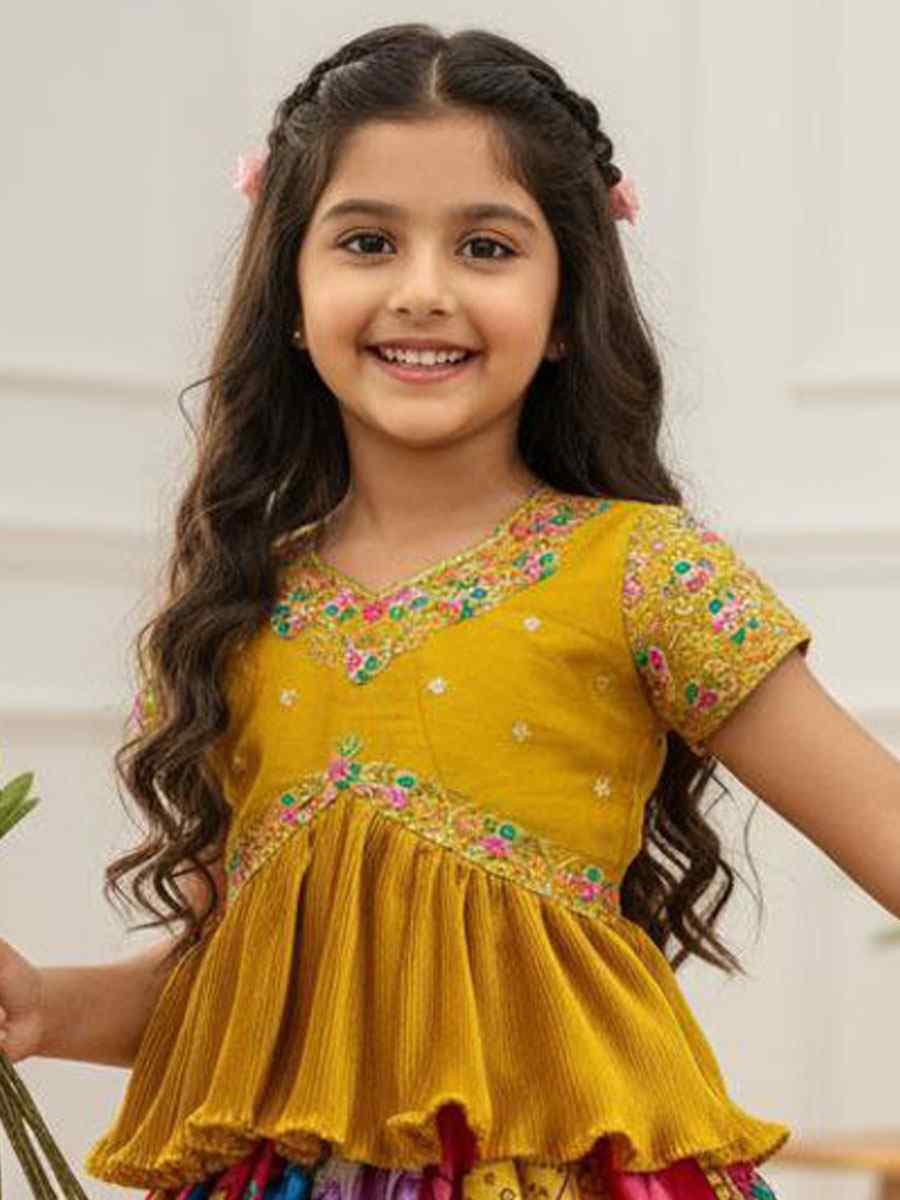 Multi Heavy Chinon Silk Embroidered Printed Kids Wear Wedding Festival Lehengas Girls Wear