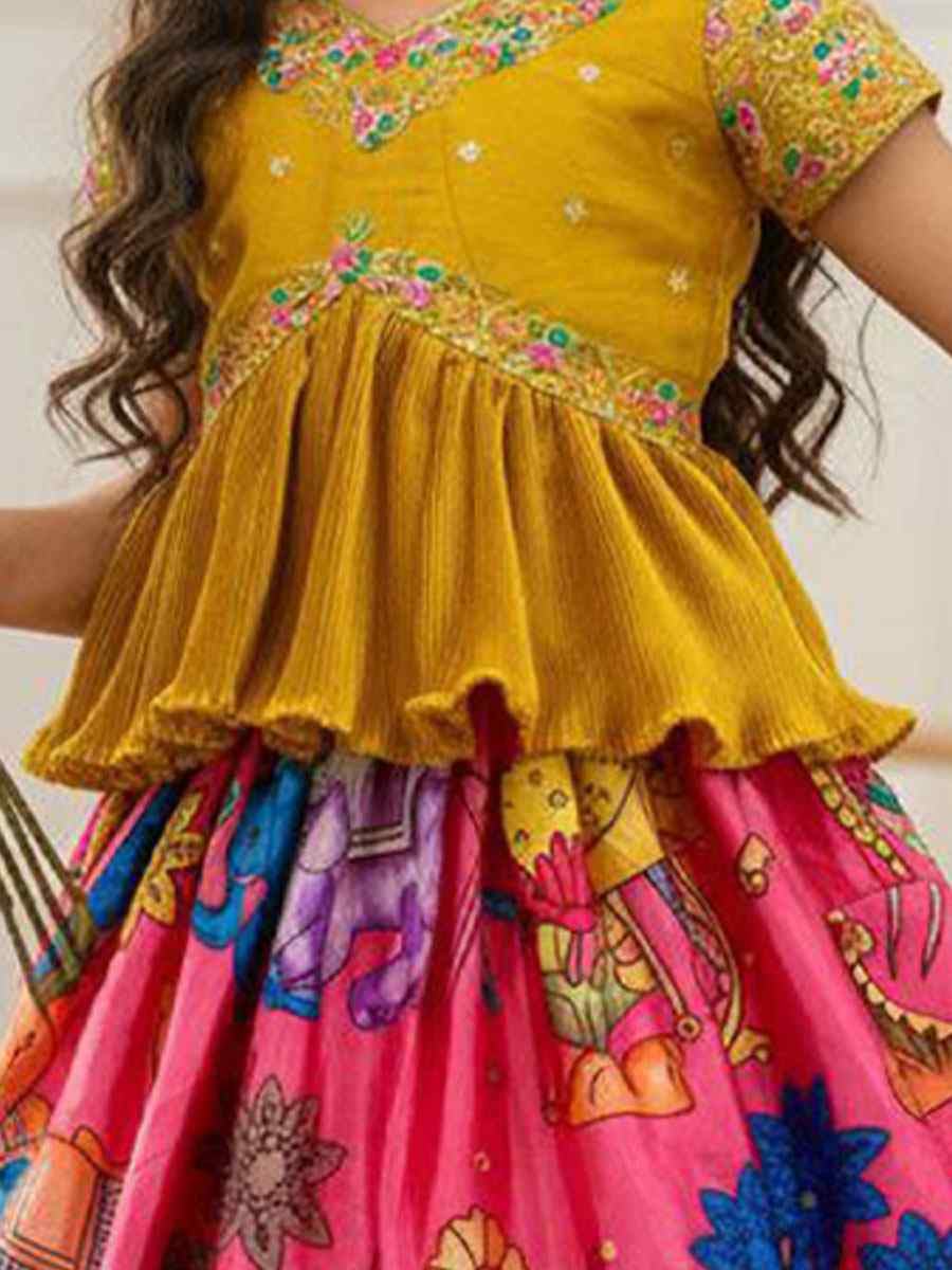 Multi Heavy Chinon Silk Embroidered Printed Kids Wear Wedding Festival Lehengas Girls Wear