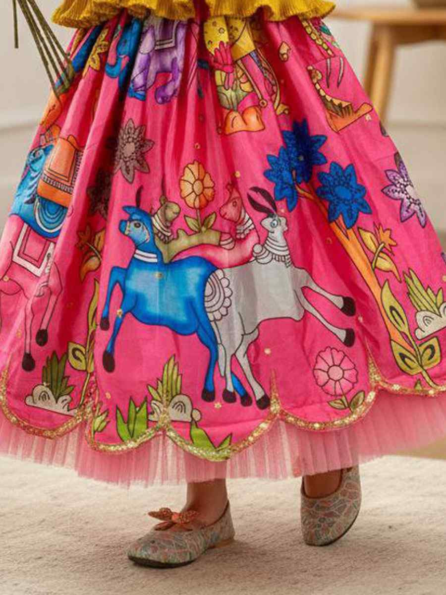 Multi Heavy Chinon Silk Embroidered Printed Kids Wear Wedding Festival Lehengas Girls Wear