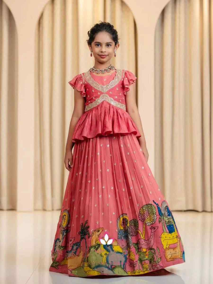 Multi Heavy Chinon Silk Embroidered Printed Kids Wear Wedding Festival Lehengas Girls Wear