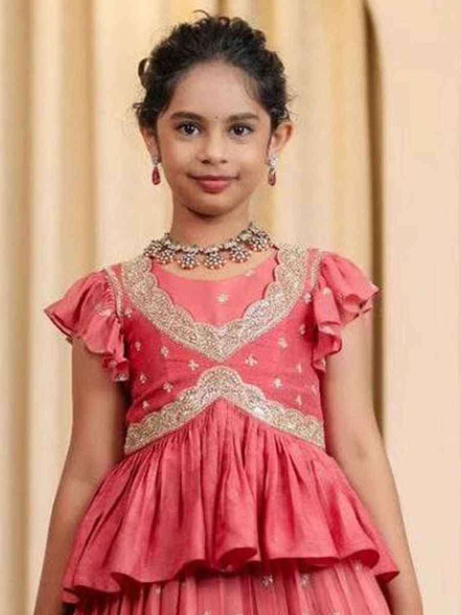 Multi Heavy Chinon Silk Embroidered Printed Kids Wear Wedding Festival Lehengas Girls Wear