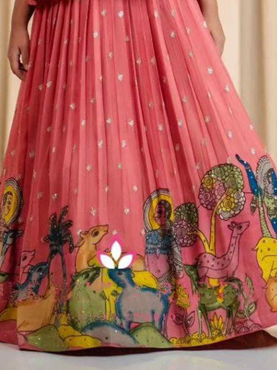 Multi Heavy Chinon Silk Embroidered Printed Kids Wear Wedding Festival Lehengas Girls Wear
