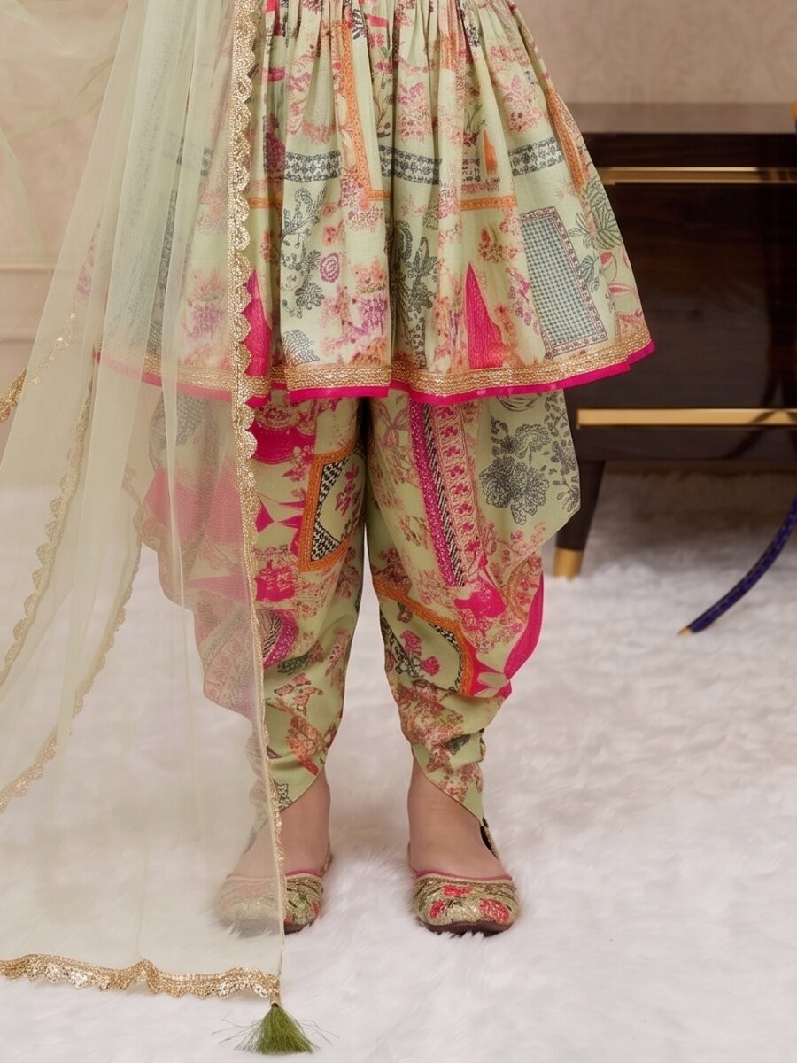 Multi Heavy Chinon Silk Embroidered Sequence Digital Print With Lace Traditional Ethnic Casual Festival Party Wedding Salwars Girls Wear