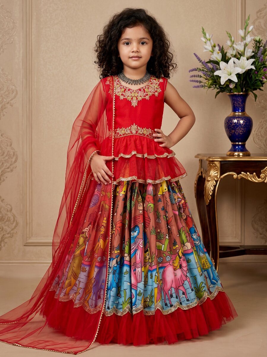 Multi Heavy Chinon Silk Embroidered Sequins Ethnic Casual Festival Party Wedding Lehengas Girls Wear