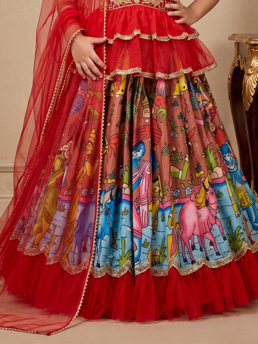Multi Heavy Chinon Silk Embroidered Sequins Ethnic Casual Festival Party Wedding Lehengas Girls Wear