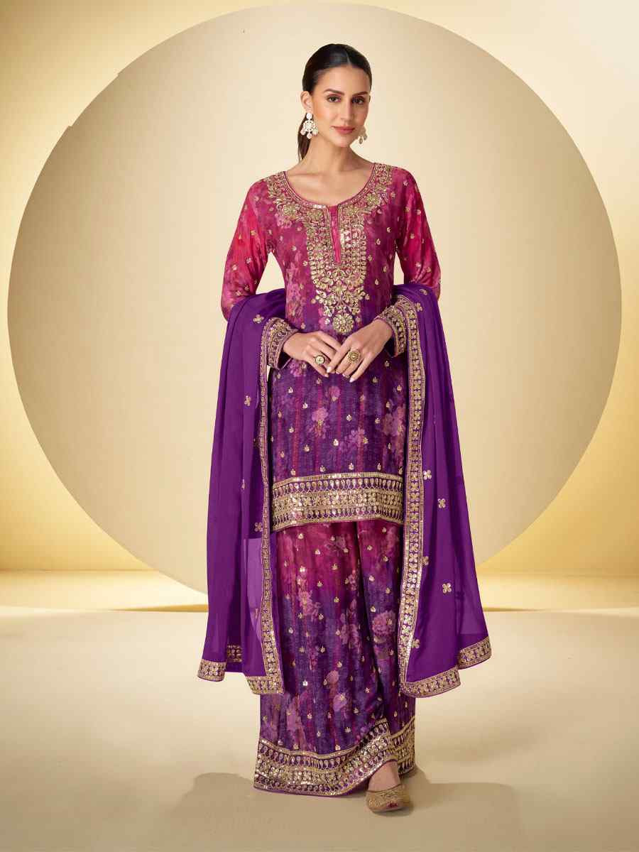 Multi Heavy Chinon Silk Embroidery Party Wedding Festival Casual Ready Palazzo Pant Salwar Kameez