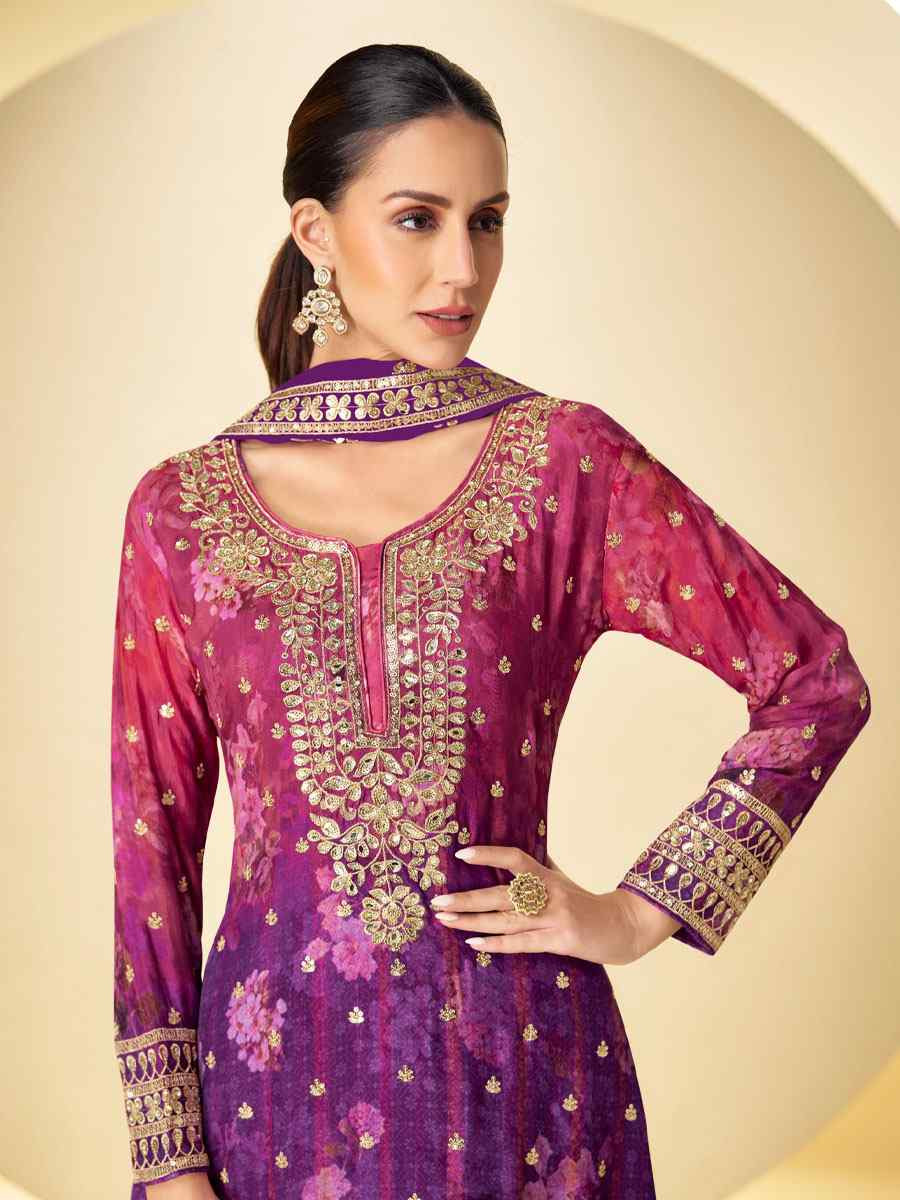 Multi Heavy Chinon Silk Embroidery Party Wedding Festival Casual Ready Palazzo Pant Salwar Kameez