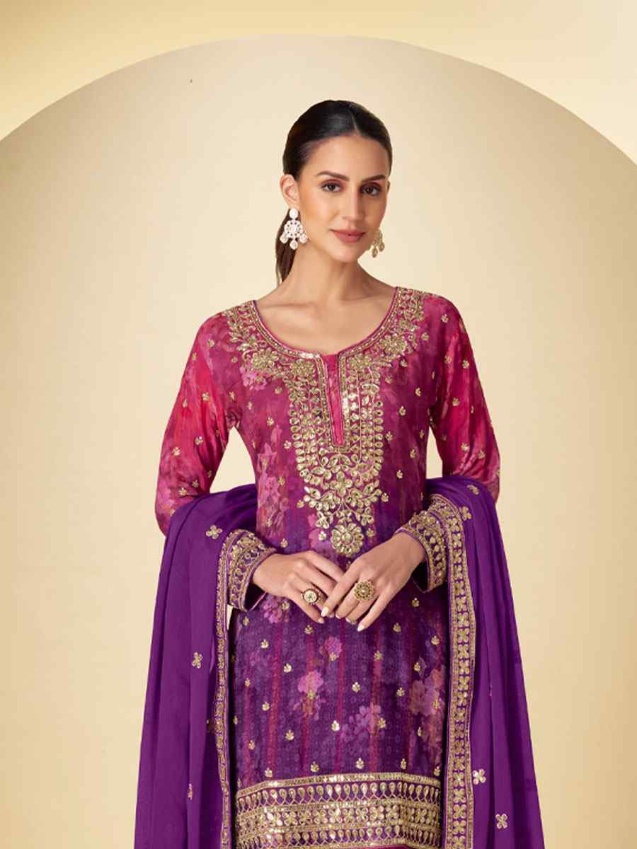 Multi Heavy Chinon Silk Embroidery Party Wedding Festival Casual Ready Palazzo Pant Salwar Kameez