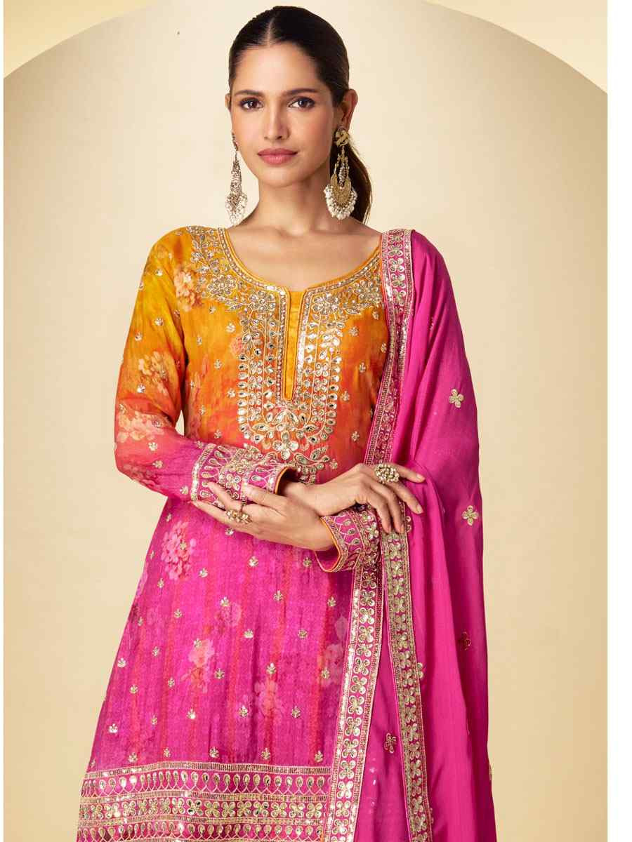 Multi Heavy Chinon Silk Embroidery Party Wedding Festival Casual Ready Palazzo Pant Salwar Kameez