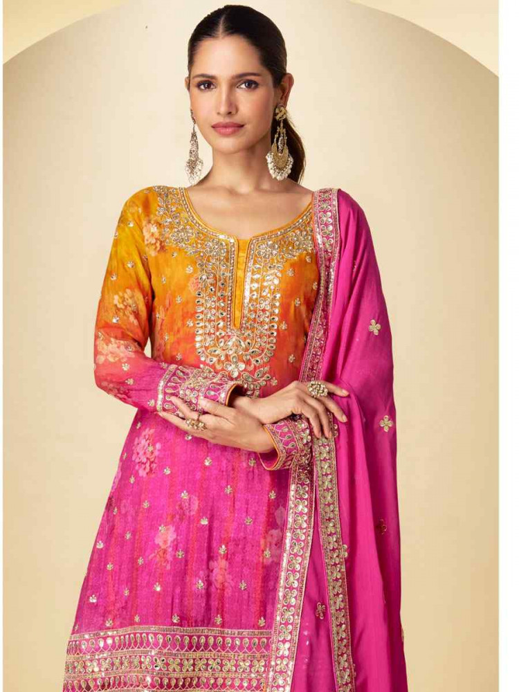 Image of Multi Heavy Chinon Silk Embroidery Party Wedding Festival Casual Ready Palazzo Pant Salwar Kameez