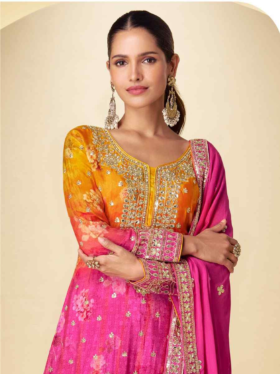 Multi Heavy Chinon Silk Embroidery Party Wedding Festival Casual Ready Palazzo Pant Salwar Kameez