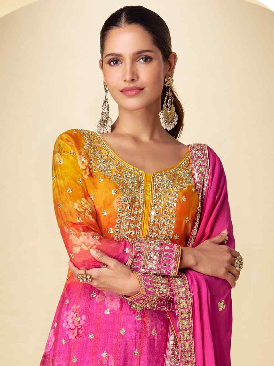 Multi Heavy Chinon Silk Embroidery Party Wedding Festival Casual Ready Palazzo Pant Salwar Kameez