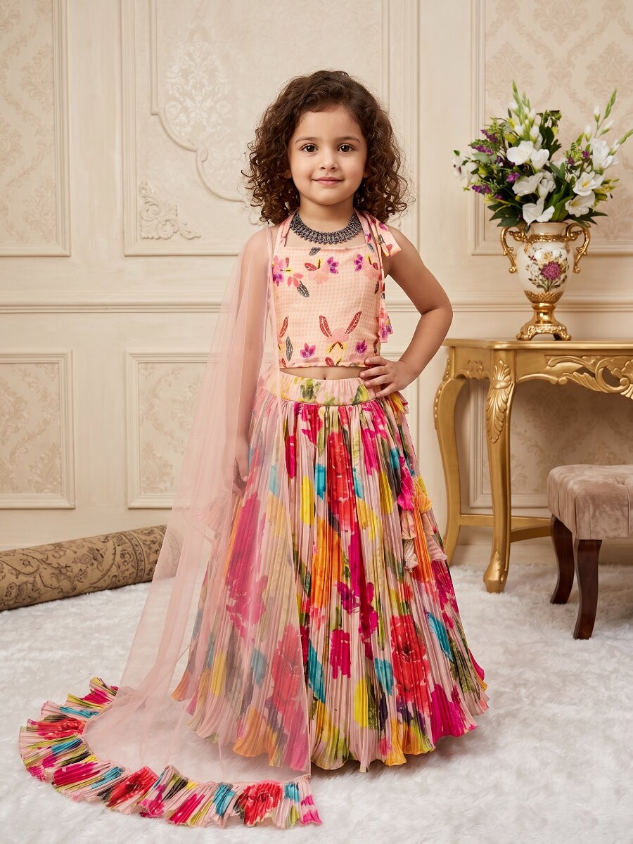 Multi Heavy Chinon Silk Printed Ethnic Casual Festival Party Wedding Lehengas Girls Wear