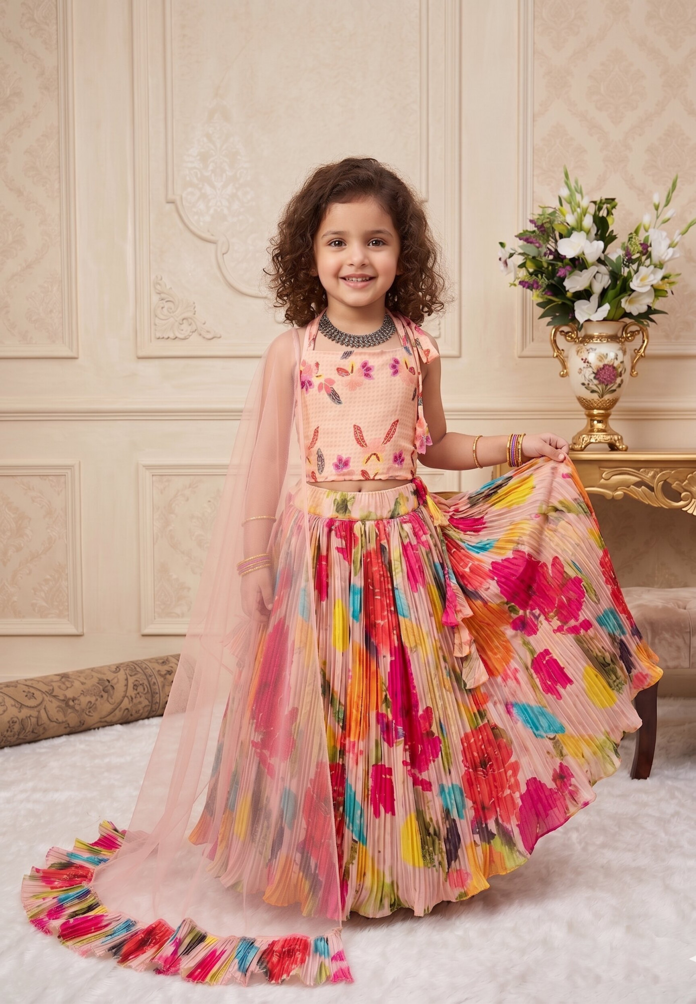 Multi Heavy Chinon Silk Printed Ethnic Casual Festival Party Wedding Lehengas Girls Wear