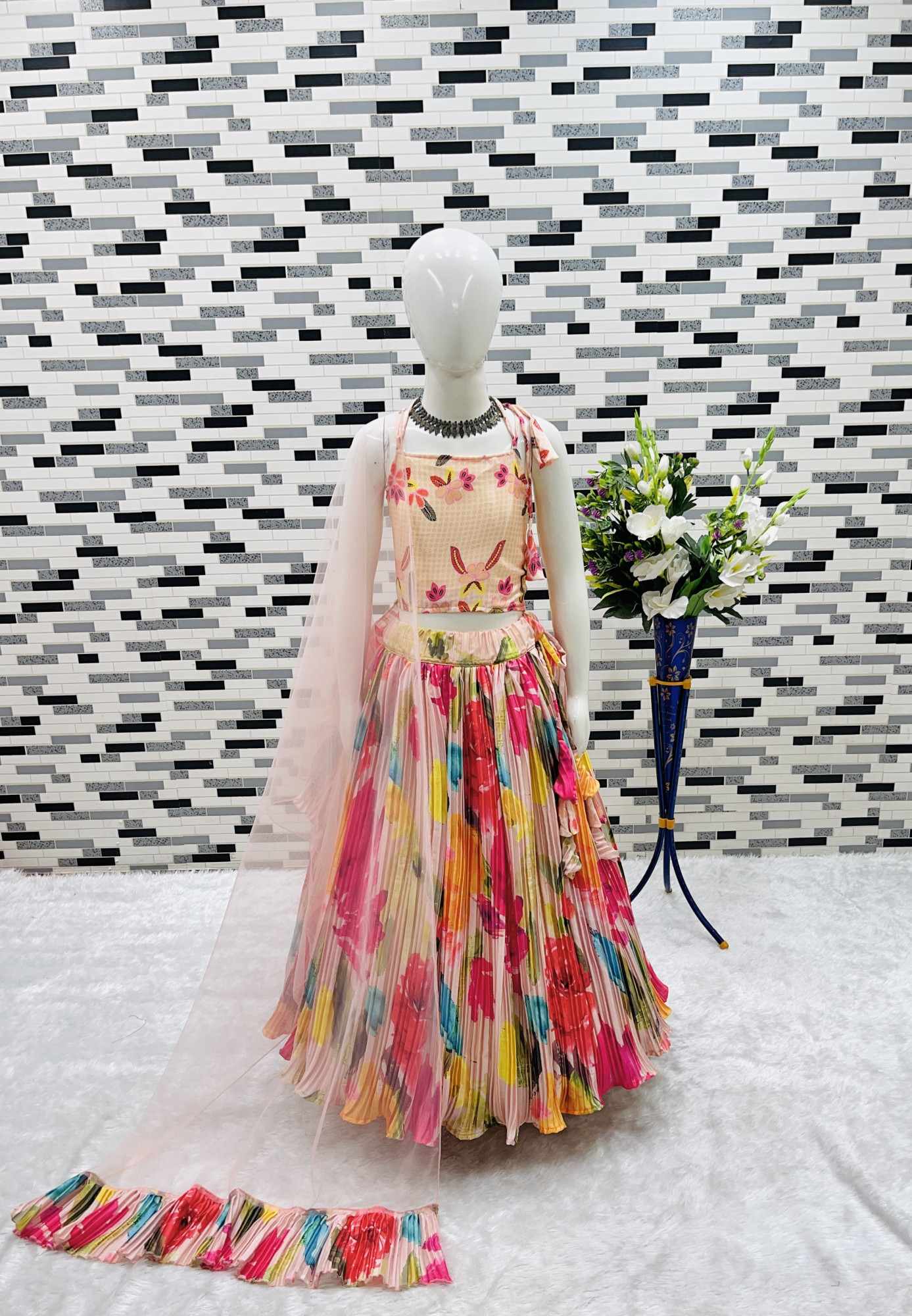 Multi Heavy Chinon Silk Printed Ethnic Casual Festival Party Wedding Lehengas Girls Wear