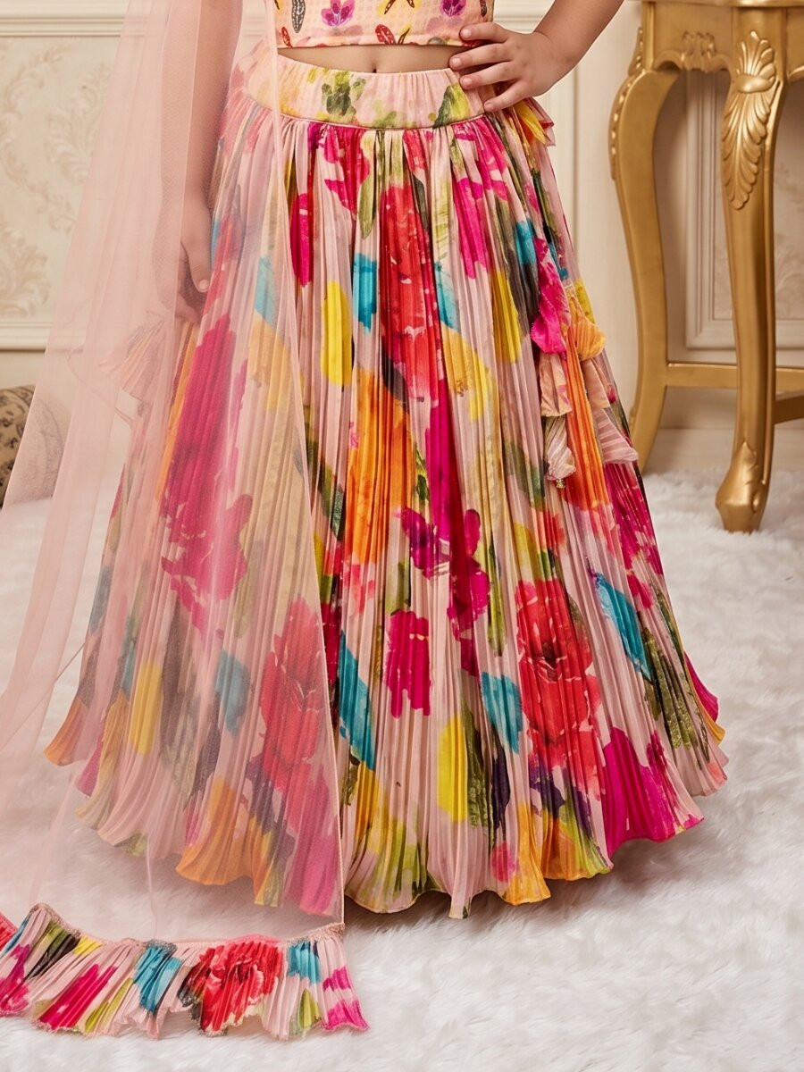 Multi Heavy Chinon Silk Printed Ethnic Casual Festival Party Wedding Lehengas Girls Wear