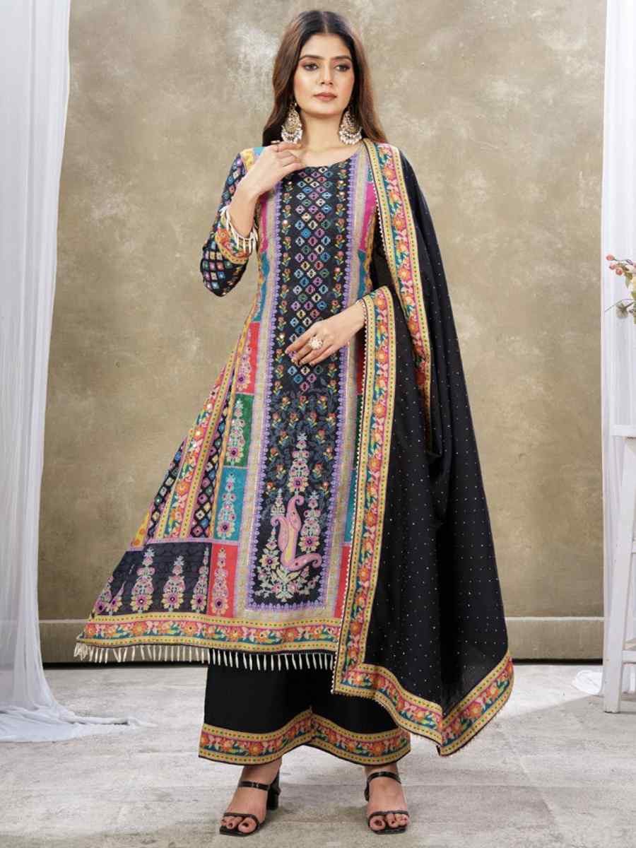 Multi Heavy Cotton Muslin Embroidered Party Wedding Ready Palazzo Pant Salwar Kameez