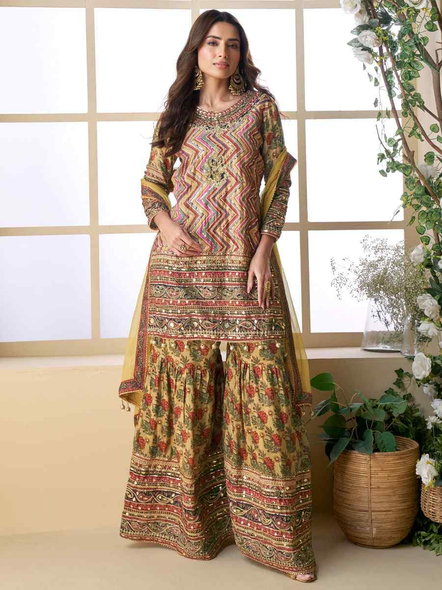 Multi Heavy Crep Silk Printed Embroidery Party Wedding Festival Casual Ready Sharara Pant Salwar Kameez