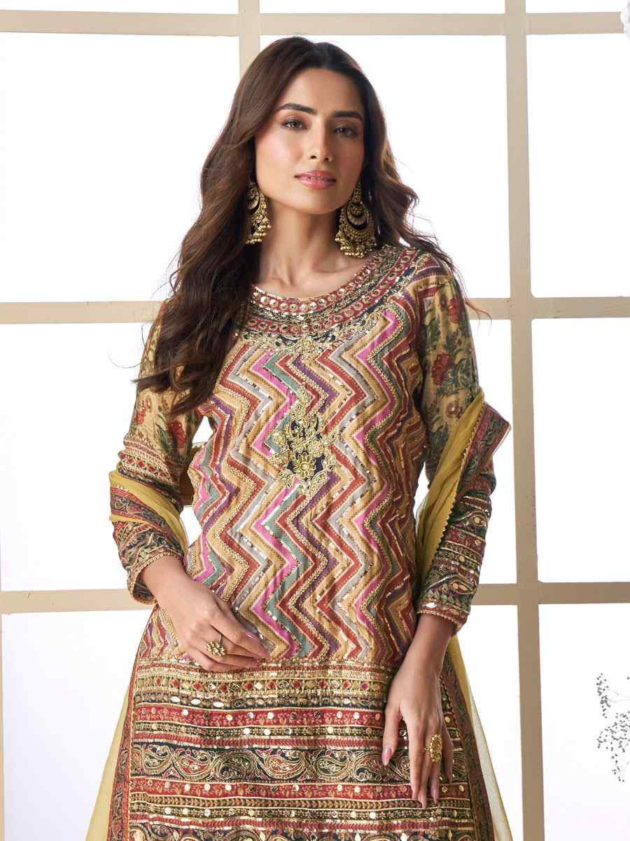 Multi Heavy Crep Silk Printed Embroidery Party Wedding Festival Casual Ready Sharara Pant Salwar Kameez