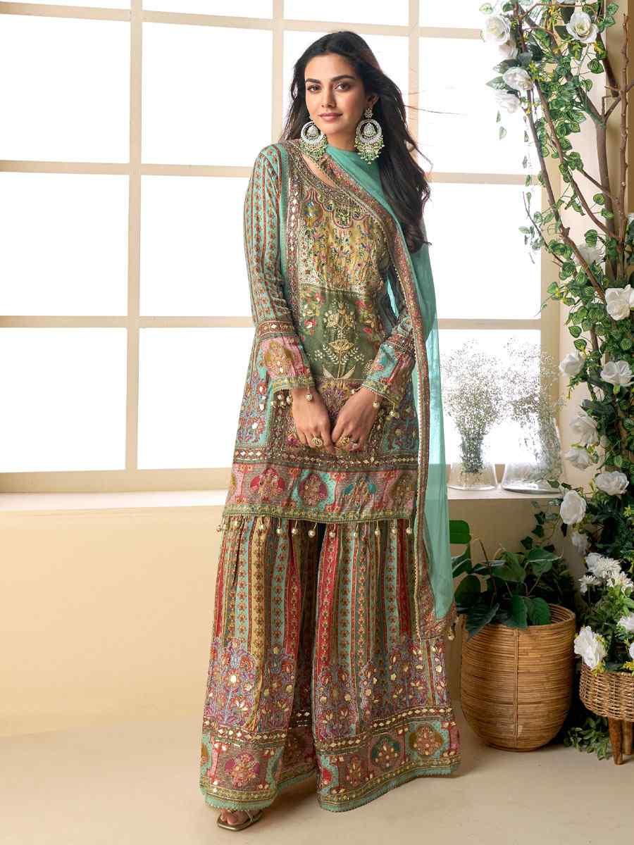 Multi Heavy Crep Silk Printed Embroidery Party Wedding Festival Casual Ready Sharara Pant Salwar Kameez