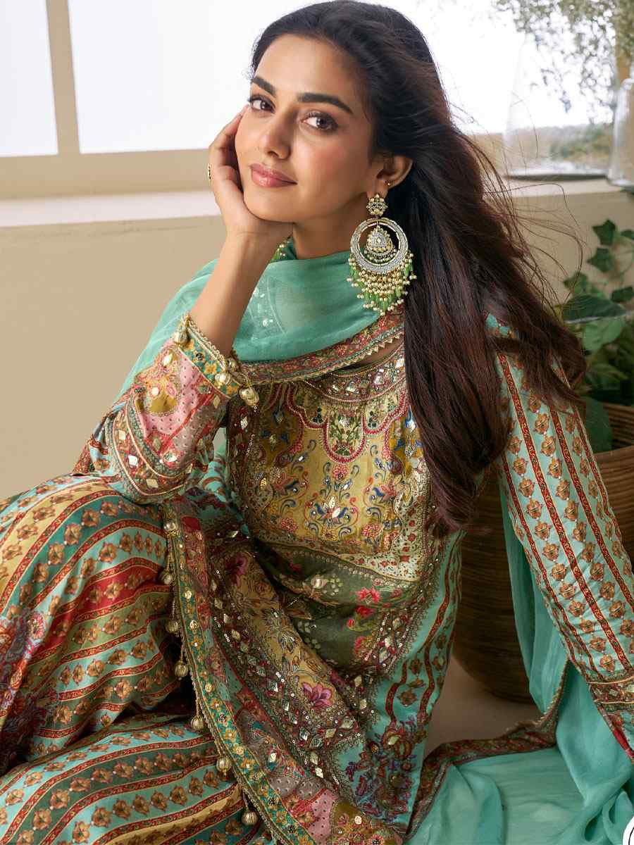 Multi Heavy Crep Silk Printed Embroidery Party Wedding Festival Casual Ready Sharara Pant Salwar Kameez