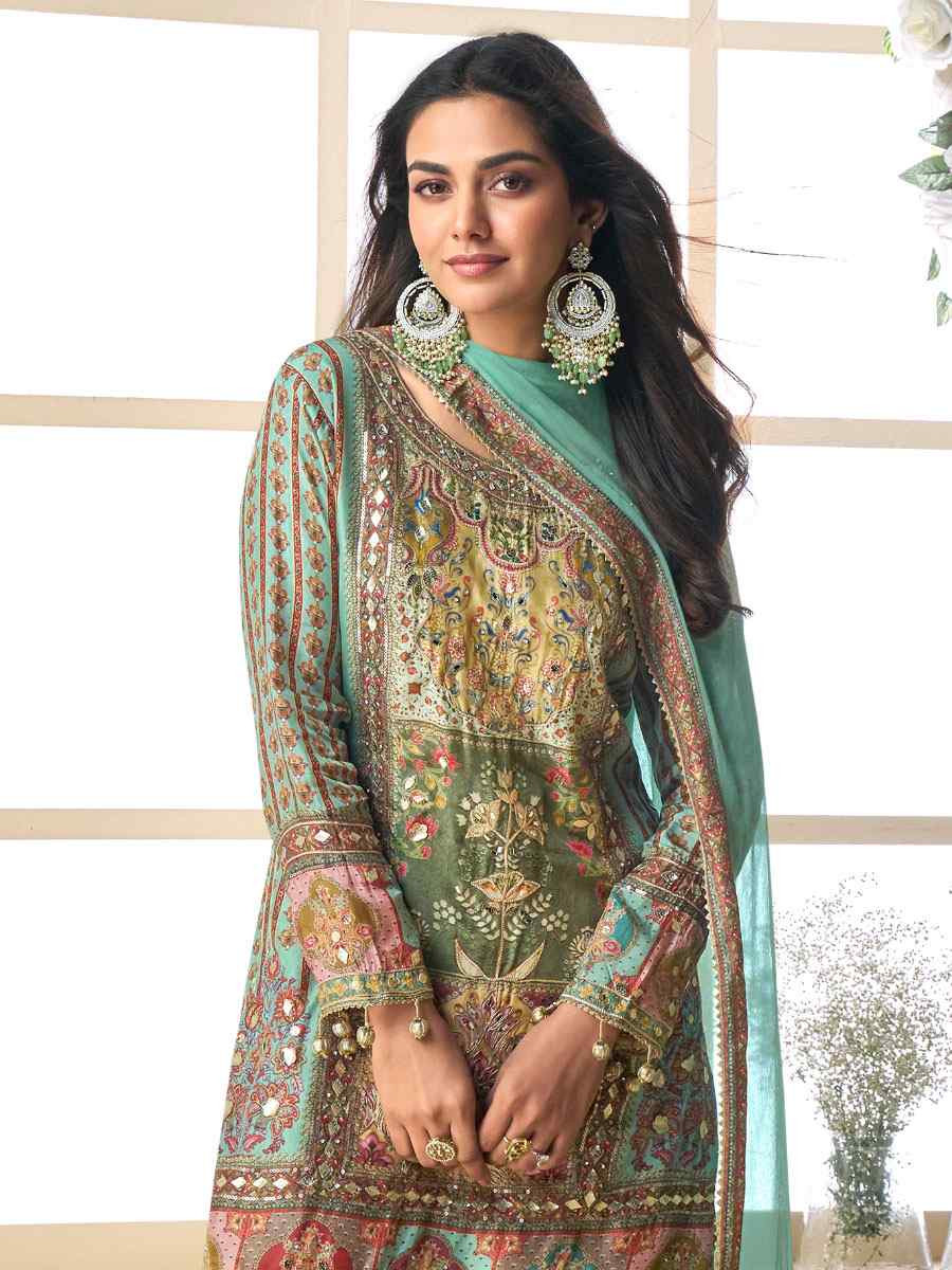 Multi Heavy Crep Silk Printed Embroidery Party Wedding Festival Casual Ready Sharara Pant Salwar Kameez