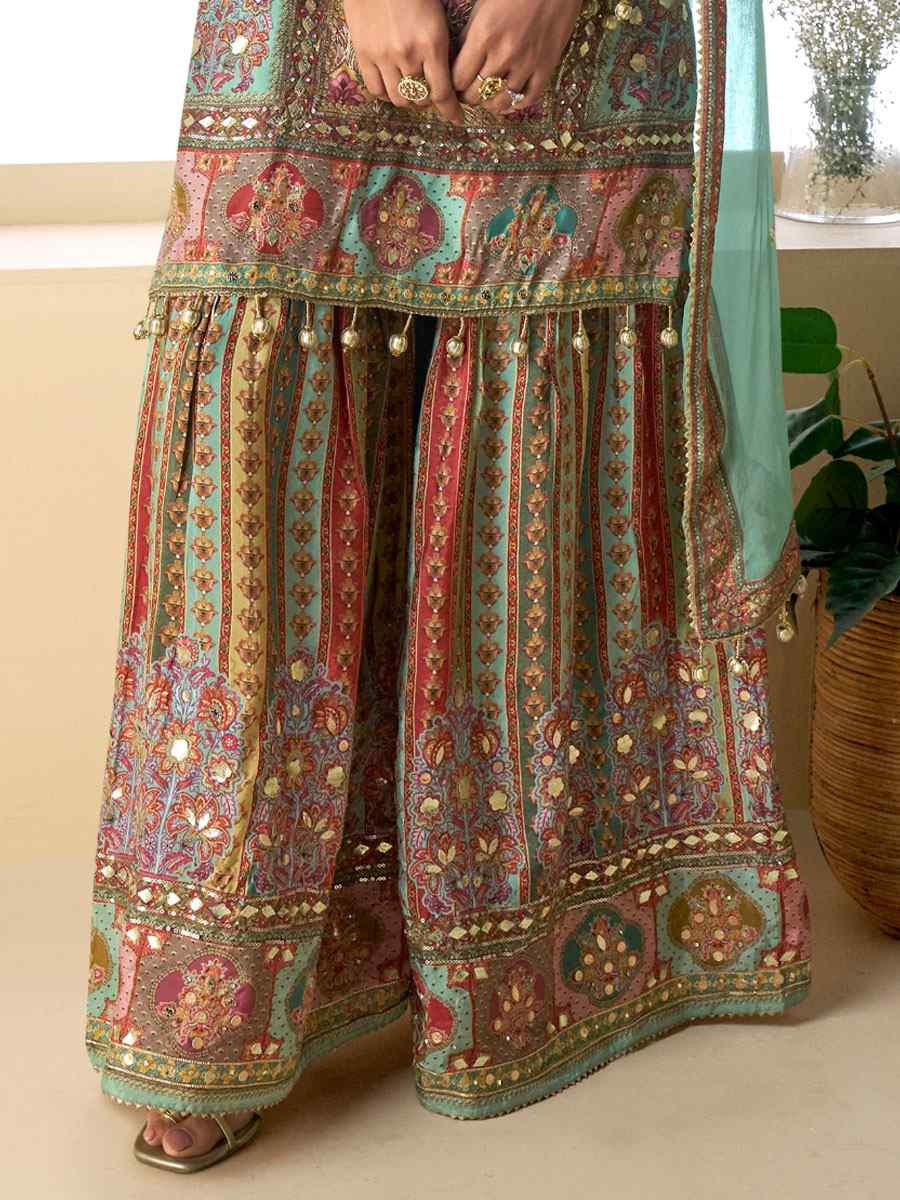 Multi Heavy Crep Silk Printed Embroidery Party Wedding Festival Casual Ready Sharara Pant Salwar Kameez