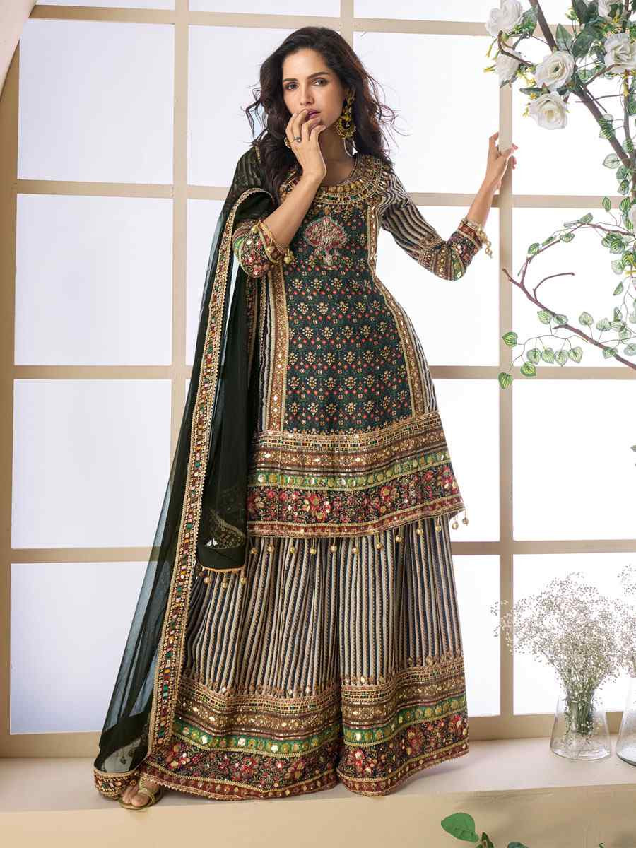 Multi Heavy Crep Silk Printed Embroidery Party Wedding Festival Casual Ready Sharara Pant Salwar Kameez
