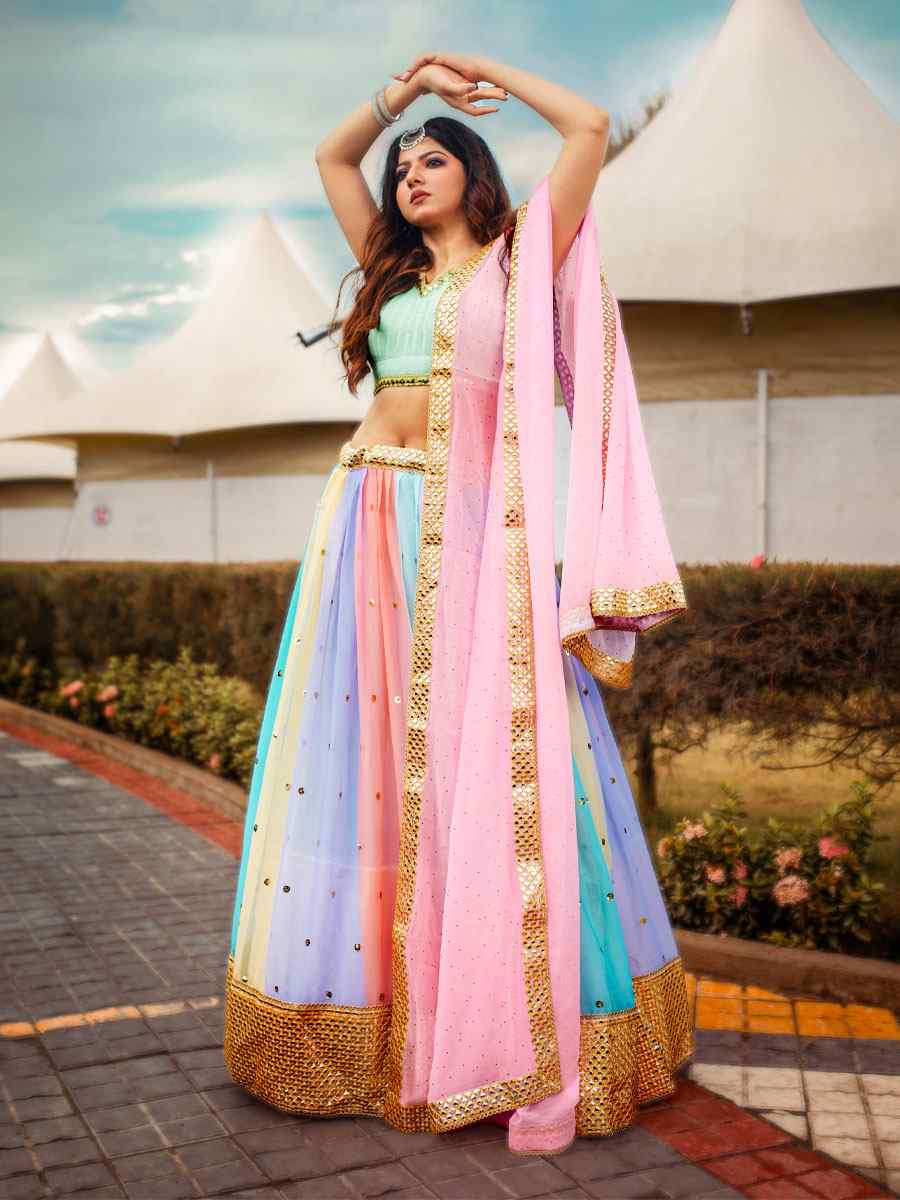 Multi Heavy Faux Georgette Embroidered Bridal Wedding Reception Festival Heavy Border Lehenga Choli