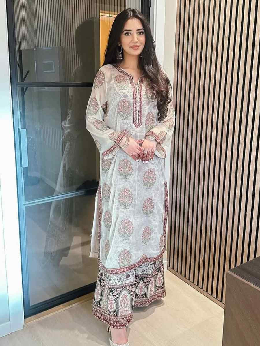 Multi Heavy Faux Georgette Embroidered Festival Casual Ready Palazzo Pant Salwar Kameez