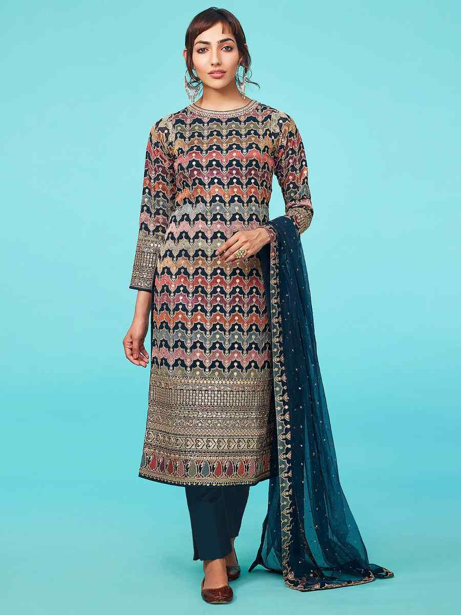 Multi Heavy Faux Georgette Embroidered Festival Party Pant Salwar Kameez