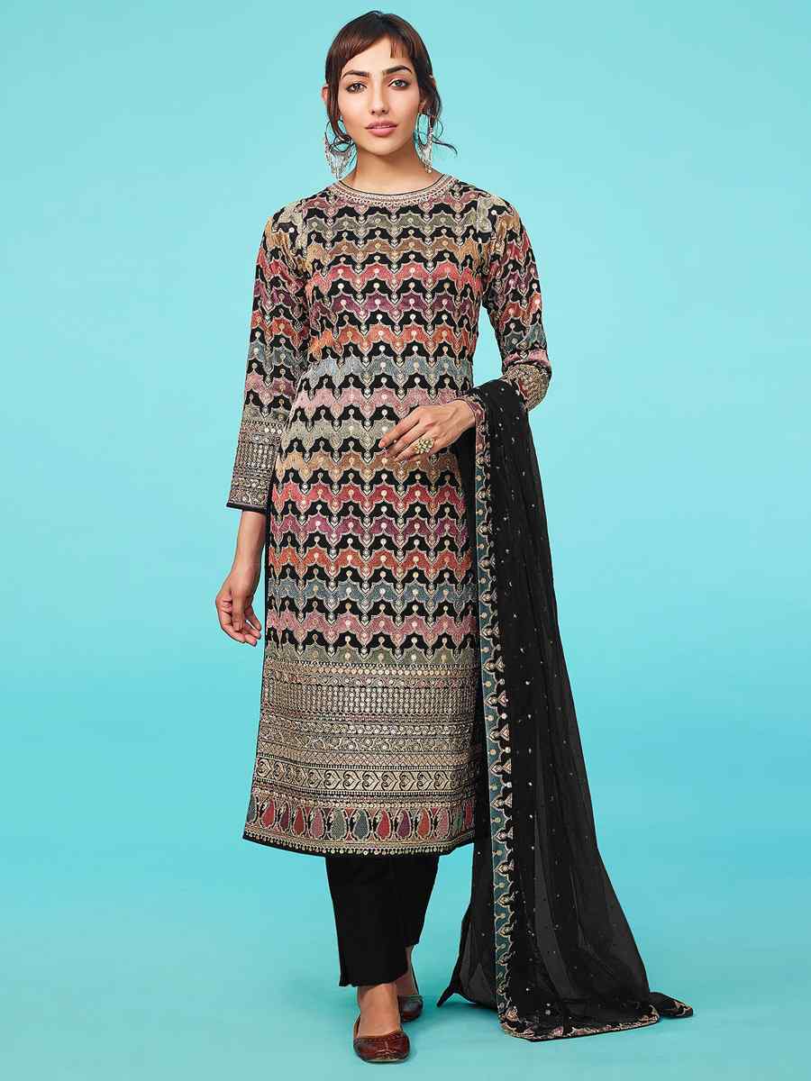 Multi Heavy Faux Georgette Embroidered Festival Party Pant Salwar Kameez