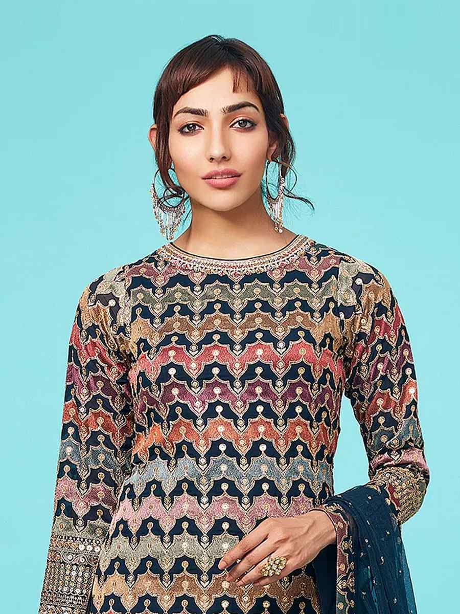 Multi Heavy Faux Georgette Embroidered Festival Party Pant Salwar Kameez