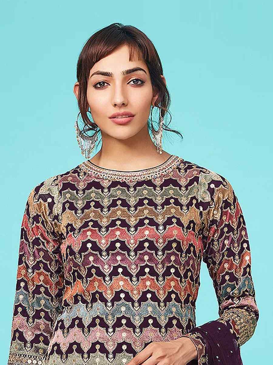 Multi Heavy Faux Georgette Embroidered Festival Party Pant Salwar Kameez