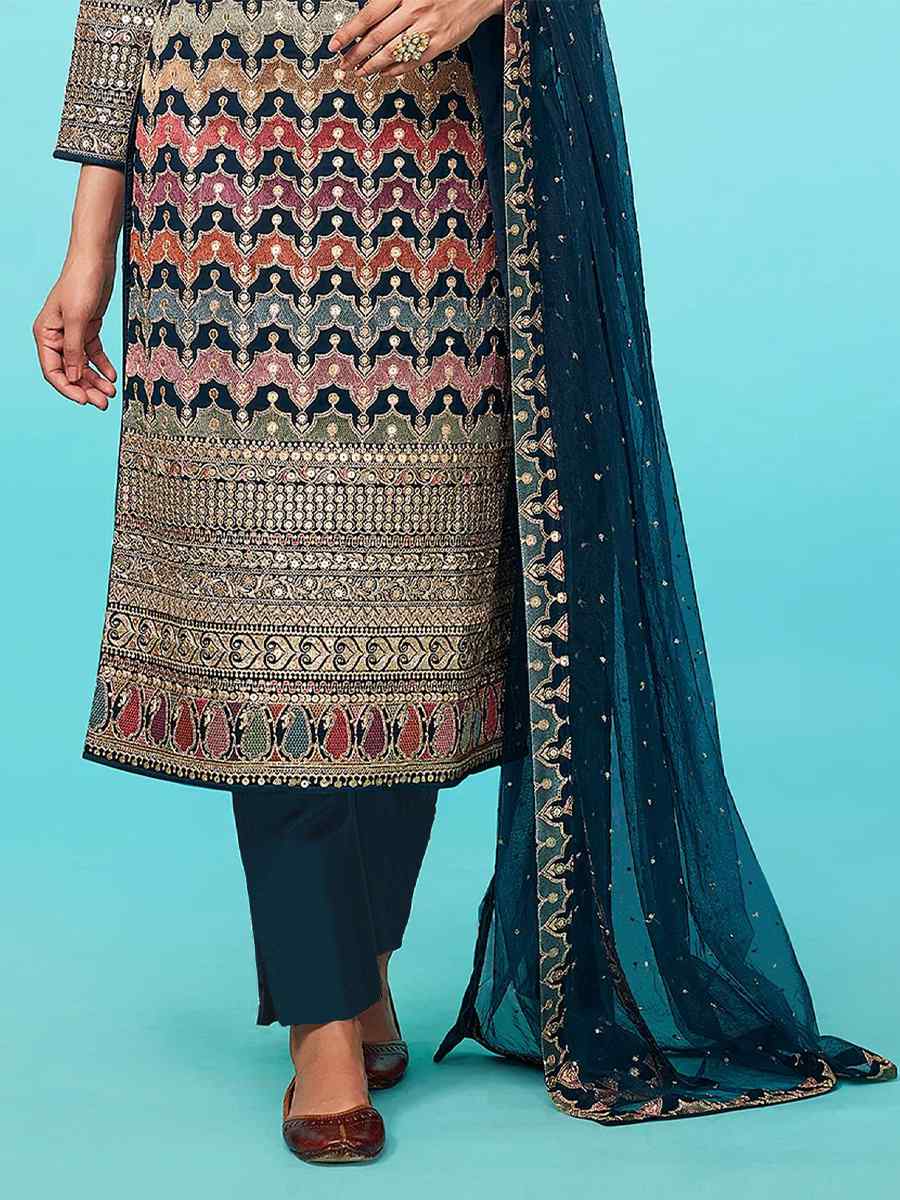 Multi Heavy Faux Georgette Embroidered Festival Party Pant Salwar Kameez