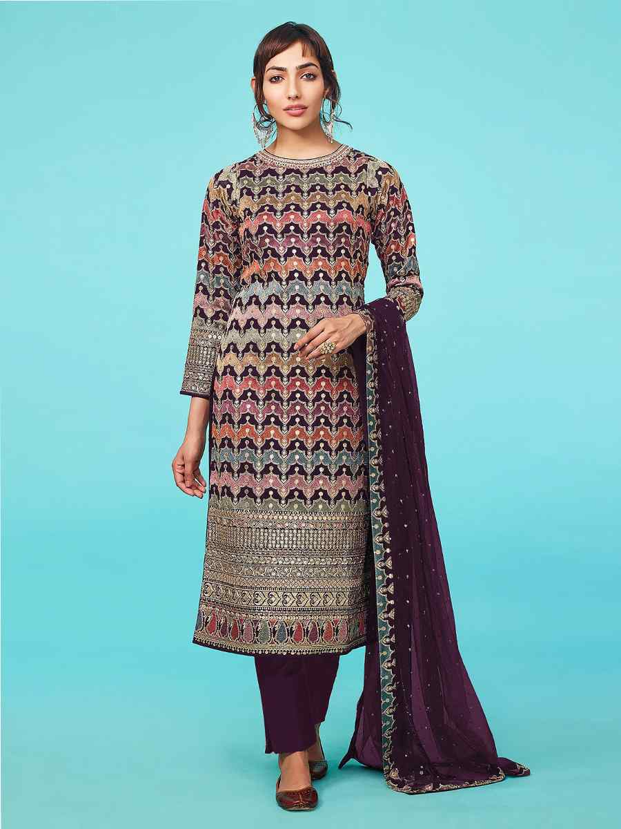 Multi Heavy Faux Georgette Embroidered Festival Party Pant Salwar Kameez