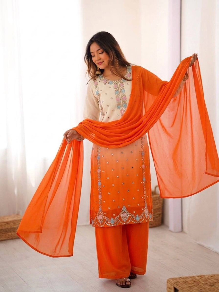Multi Heavy Faux Georgette Embroidery Sequins Wedding Party Festival Casual Ready Palazzo Pant Salwar Kameez