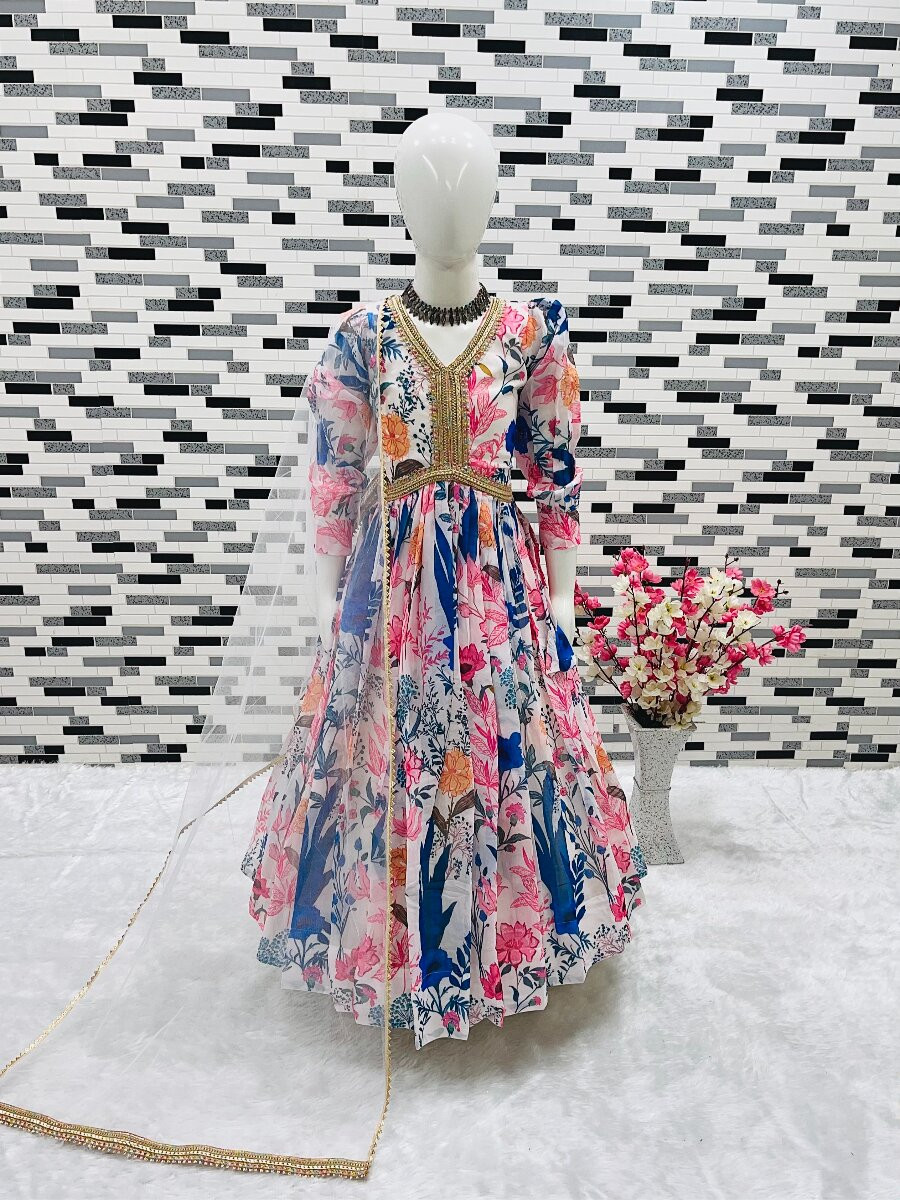 Multi Heavy Fox Georgette Printed Ethnic Casual Festival Party Wedding Gown