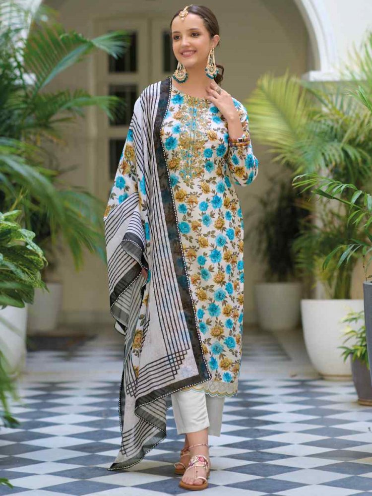 Multi Heavy Linen Embroidered Festival Casual Ready Pant Salwar Kameez