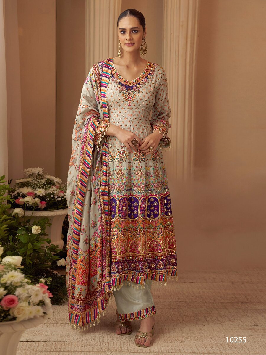 Multi Heavy Natural Crep Silk Embroidery Sequins Zari Wedding Party Festival Casual Ready Palazzo Pant Salwar Kameez