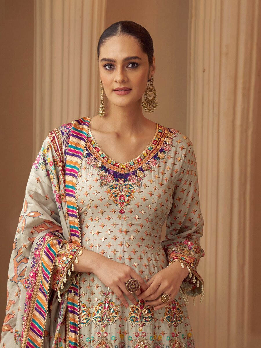 Multi Heavy Natural Crep Silk Embroidery Sequins Zari Wedding Party Festival Casual Ready Palazzo Pant Salwar Kameez