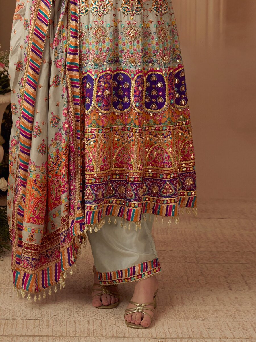 Multi Heavy Natural Crep Silk Embroidery Sequins Zari Wedding Party Festival Casual Ready Palazzo Pant Salwar Kameez