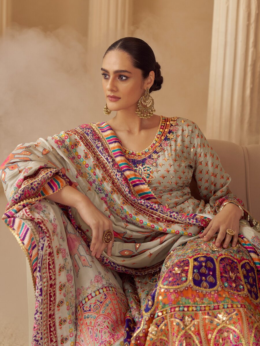 Multi Heavy Natural Crep Silk Embroidery Sequins Zari Wedding Party Festival Casual Ready Palazzo Pant Salwar Kameez