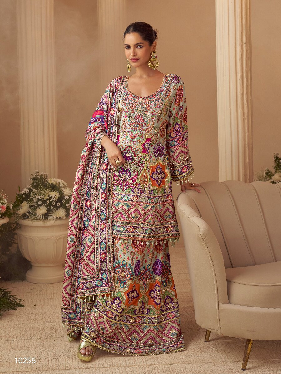 Multi Heavy Natural Crep Silk Embroidery Sequins Zari Wedding Party Festival Casual Ready Palazzo Pant Salwar Kameez