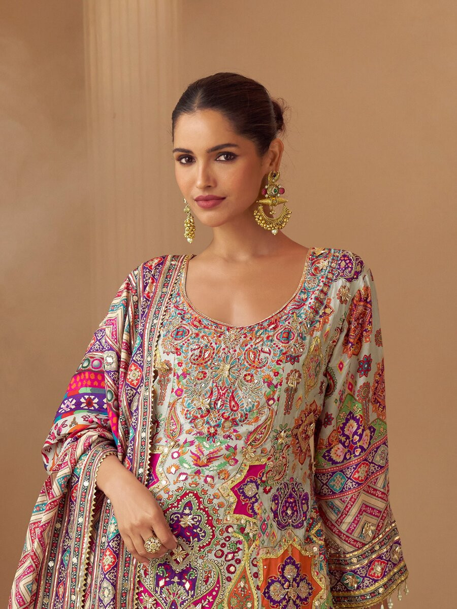 Multi Heavy Natural Crep Silk Embroidery Sequins Zari Wedding Party Festival Casual Ready Palazzo Pant Salwar Kameez