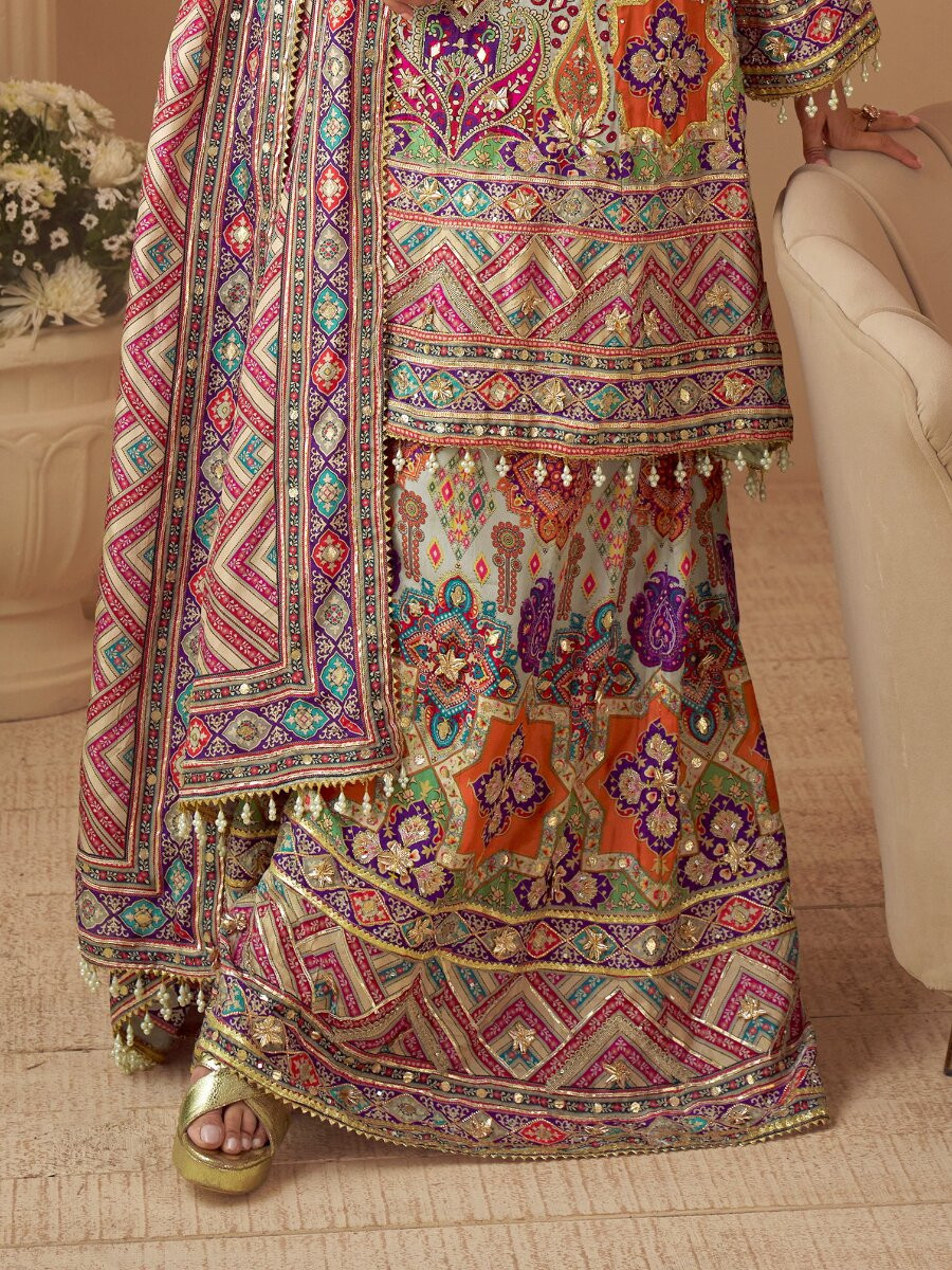 Multi Heavy Natural Crep Silk Embroidery Sequins Zari Wedding Party Festival Casual Ready Palazzo Pant Salwar Kameez