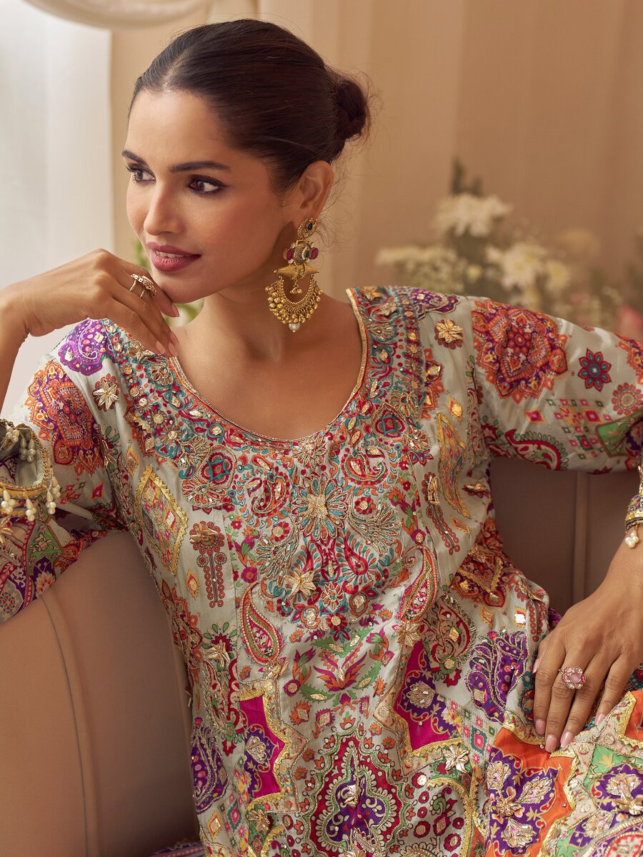 Multi Heavy Natural Crep Silk Embroidery Sequins Zari Wedding Party Festival Casual Ready Palazzo Pant Salwar Kameez