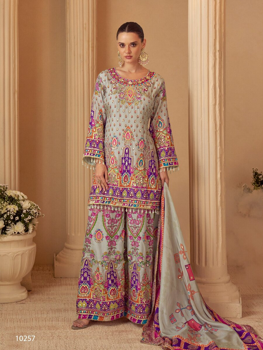 Multi Heavy Natural Crep Silk Embroidery Sequins Zari Wedding Party Festival Casual Ready Palazzo Pant Salwar Kameez