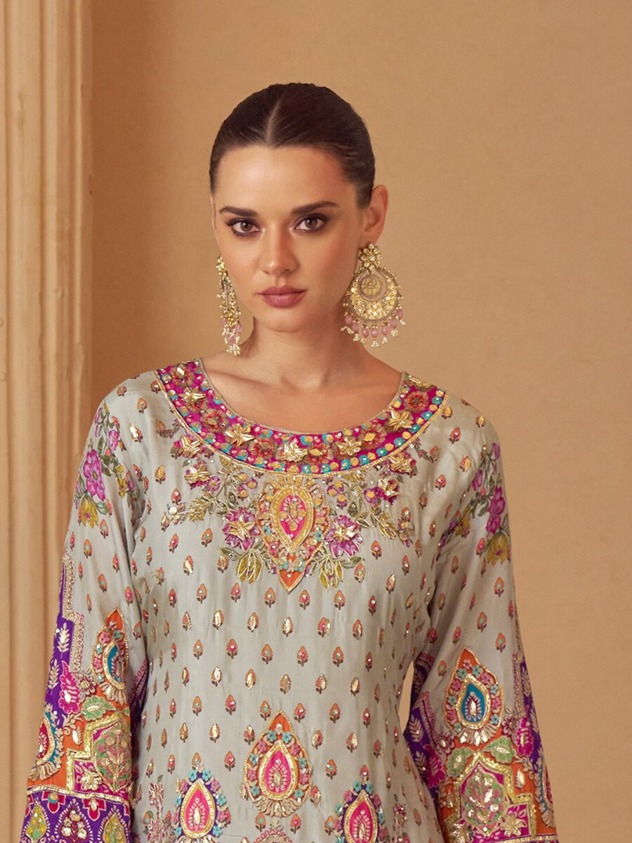 Multi Heavy Natural Crep Silk Embroidery Sequins Zari Wedding Party Festival Casual Ready Palazzo Pant Salwar Kameez